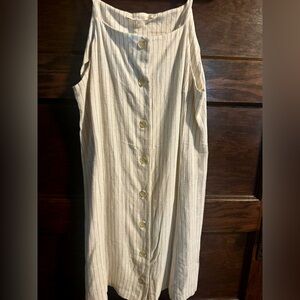 Monteau, Linen Blend, Pin Striped Button-Down, Dress with Spaghetti Straps.